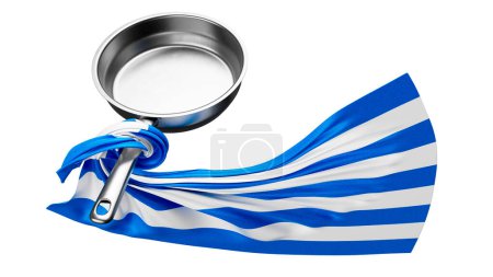 A stainless steel pan proudly displays the iconic blue and white of Greece, reminiscent of the Aegean Sea.