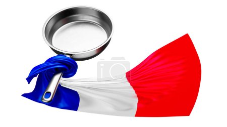French culinary artistry symbolized by a sleek pan draped in the flowing blue, white, and red of France.
