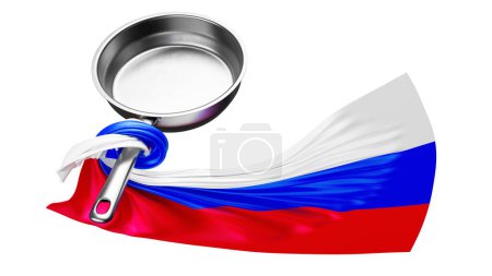 A stainless steel pan is elegantly cloaked with Russia flag, its colors vibrant against the contrasting black.