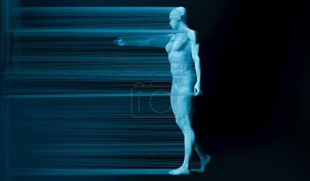 A wireframe humanoid figure appears to walk through streaks of digital light.
