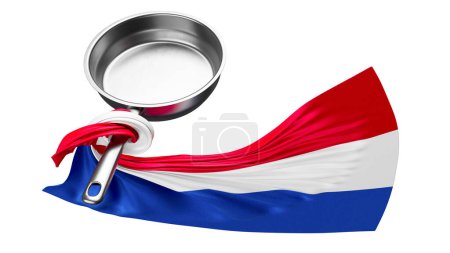 Elegant stainless steel frying pan wrapped in the vibrant Dutch flag, symbolizing national cuisine and culture.