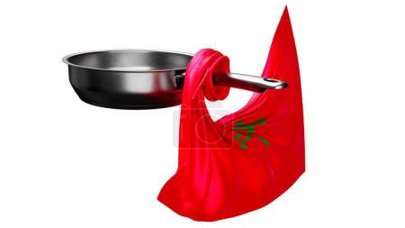 Fond rouge vif du drapeau marocain avec son pentagramme vert central affiché sur un drapeau élégamment drapé sur une casserole