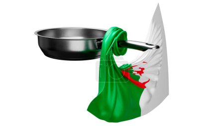The Algerian flag, with its green and white halves and red crescent and star, is displayed wrapping around a sleek steel pan