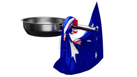 Captivating blue of the Australian flag with white stars and Union Jack, elegantly wrapped around a polished pan on black backdrop.