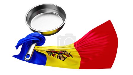 Die Flagge Andorras entfaltet sich künstlerisch aus einer Pfanne und zeigt ihre leuchtenden roten, gelben und blauen Streifen mit Wappen.