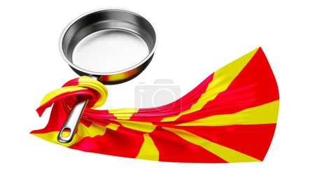 El distintivo estallido de sol de la bandera macedonia fluye elegantemente de una sartén brillante, creando un contraste llamativo sobre un fondo negro..