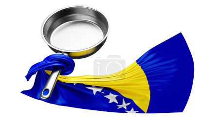 Le drapeau de Bosnie-Herzégovine se déploie avec ses couleurs bleues et jaunes et ses étoiles blanches sur le bord brillant d'une casserole métallique.