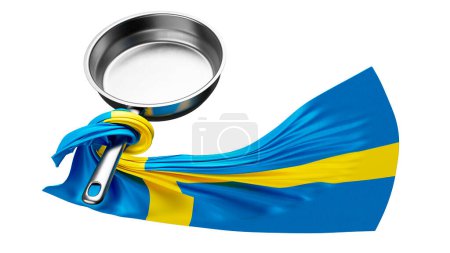 Une représentation audacieuse du drapeau suédois, avec des couleurs bleues et jaunes coulant en douceur d'une casserole brillante dans l'obscurité.