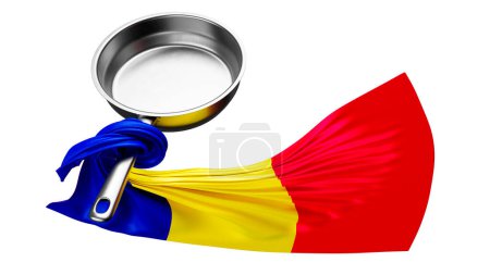 The Romanian flag billows with a flourish from a sleek pan, its blue, yellow, and red stripes vibrant against the dark background.