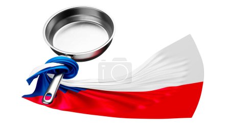 Striking Czech flag artfully twisted, extending from the curve of a modern frying pan on a pure black background.