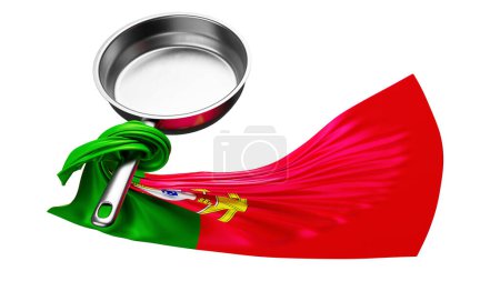 La bandera portuguesa se despliega elegantemente desde una sartén brillante, sus tonos verdes y rojos acentuados por el escudo de armas contra un fondo oscuro.