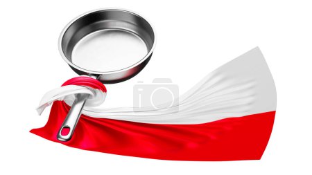 Lebendige Darstellung der polnischen Flagge mit rotem und weißem Stoff, der aus einer Edelstahlpfanne auf schwarzem Hintergrund wirbelt.