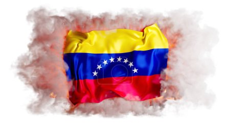 The Venezuelan flag bold colors and circle of stars are set against a backdrop of swirling smoke and fire, depicting fierce national pride