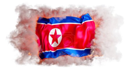 Ein eindrucksvolles Bild, das die nordkoreanische Flagge inmitten ätherischen Rauchs und glühender Glut einfängt und eine Szene der Macht und Entschlossenheit darstellt