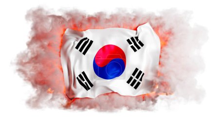 The distinct Taegeuk symbol and black trigrams of the South Korean flag are highlighted amidst a dynamic backdrop of swirling smoke and flames