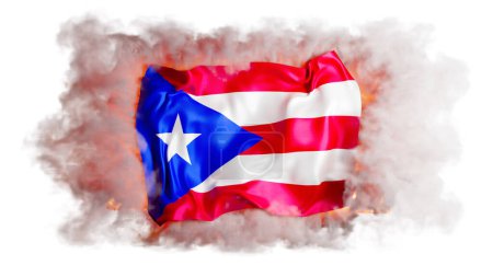 Vivid portrayal of the Puerto Rican flag embraced by misty smoke and fiery elements, highlighting the spirit and vitality of the nation.