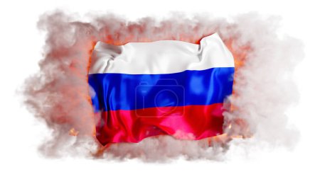 A Russian flag stands out boldly, wrapped in swirls of smoke and touches of fire, suggesting intensity and fervor against the darkness.