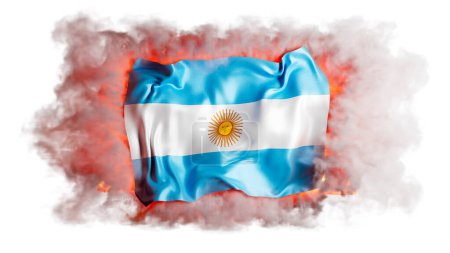 Foto de La bandera argentina, con sus rayas de color azul claro y su sol radiante, se destaca contra una tumultuosa mezcla de humo y fuego, que significa vigor y resistencia.. - Imagen libre de derechos