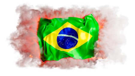 The vibrant green and yellow of the Brazilian flag with its blue globe and stars emerge powerfully from smoke and flames, symbolizing its fiery spirit.