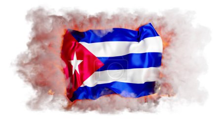 Foto de Las rayas vívidas y las estrellas de la bandera cubana emergen con desafío de un abrazo nebuloso de humo y chispas, capturando una sensación de resistencia vibrante. - Imagen libre de derechos