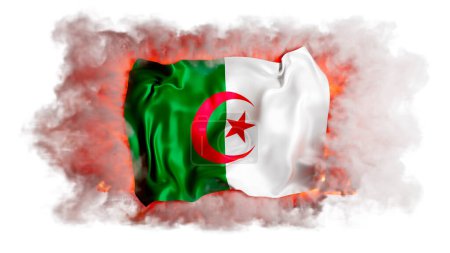 The Algerian flag is dramatically showcased, with its green and white colors and red crescent and star, rising from smoky embers.