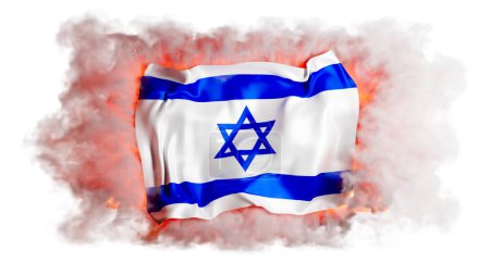 Foto de La bandera de Israel destaca en audaz relieve, envuelta en una danza de humo y enmarcada por destellos de llama, evocando una sensación de resiliencia. - Imagen libre de derechos