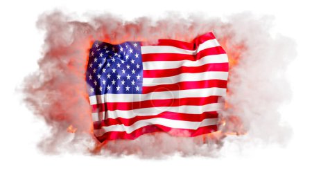 Dramatic representation of the US flag surrounded by smoke and flames, symbolizing passion and resilience, against a dark backdrop.