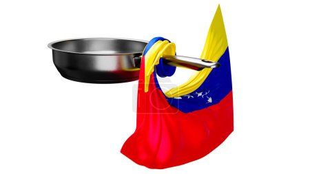 Ein Bild, das eine Verschmelzung von Kochkunst und Patriotismus zeigt: eine Pfanne, die mit den leuchtenden Farben und Sternen der venezolanischen Flagge geschmückt ist.