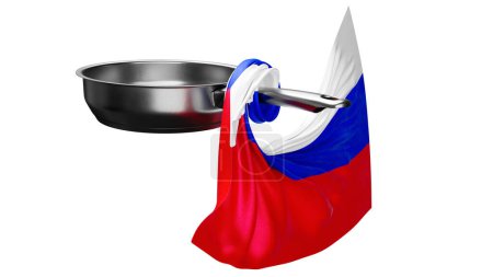 A fusion of culinary tools and national identity, this image captures a stainless steel pan with the Russian flag draped over it.