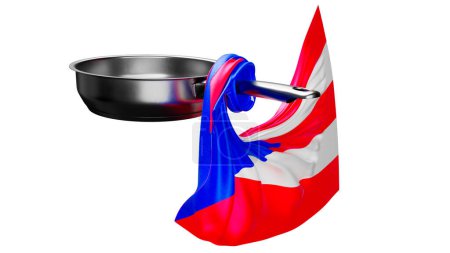 Foto de Escaparate de orgullo culinario y nacional con una bandera costarricense envolviendo elegantemente una sartén brillante, todo contra un telón de fondo negro. - Imagen libre de derechos