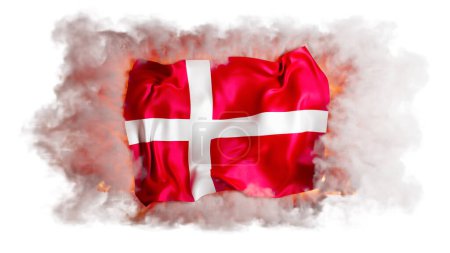 The Danish flag appears bold and resilient, floating in a smoky embrace, its cross standing out on a fiery stage