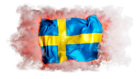 Téléchargez les photos : Le bleu et le jaune éclatants du drapeau suédois traversent la fumée, symbolisant l'esprit durable du pays et la fierté nordique. - en image libre de droit