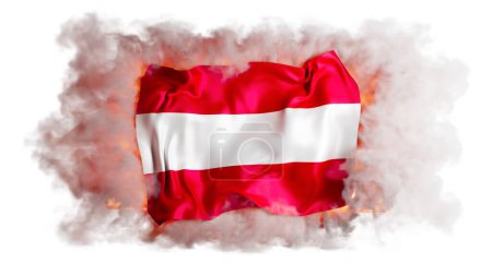 Die österreichische Flagge ist elegant in Weiß und Rot gehüllt, vor einer wirbelnden Rauchkulisse, die Mysterium und Stolz ausstrahlt.