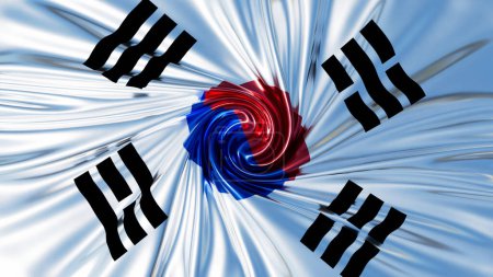 Flujo dinámico del campo blanco de la bandera de Corea del Sur con los trigramas Taegeuk y negros