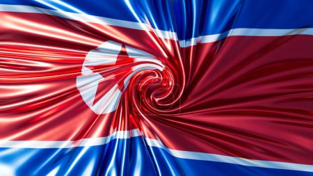 Die nordkoreanische Flagge mit rotem Stern und blauen Streifen in wirbelnder Bewegung