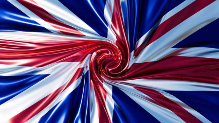 Intensa y arremolinada interpretación de la bandera Union Jack del Reino Unido con un acabado brillante, similar a la seda