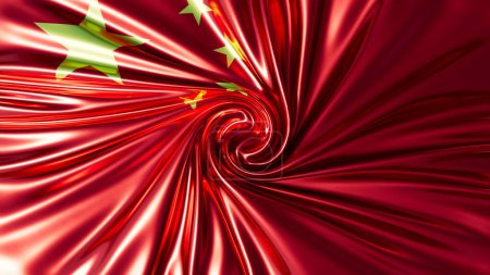 A dynamic swirl of red silk featuring the stars of the Chinese flag in a dance of light