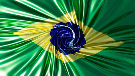 Interpretativer Wirbel der brasilianischen Flagge in Grün und Gold mit zentralblauer Weltkugel