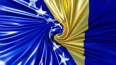 The flag of Bosnia and Herzegovina is transformed into a dynamic swirl, featuring a bold blue backdrop and diagonal gold and white stars.