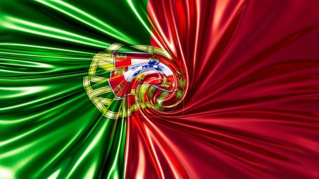 Le drapeau portugais est capturé dynamiquement dans un tourbillon, mettant l'accent sur la sphère armillaire et le bouclier traditionnel sur un fond vert et rouge.