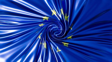 Eine künstlerische Interpretation der EU-Flagge mit einem wirbelnden blauen Hintergrund und kreisenden gelben Sternen.