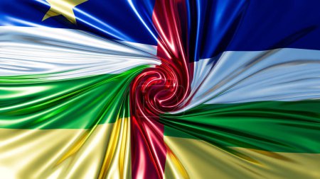 Ein zeitgenössischer Twist der Flagge der Zentralafrikanischen Republik, wobei jede Farbe und der Stern zu einem leuchtenden zentralen Wirbel wirbeln, der Einheit und Dynamik symbolisiert