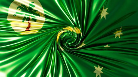 Eine künstlerische Interpretation der Flagge der Cocos (Keeling) Islands, mit einem dramatischen Wirbel, der die Elemente der Flagge in einen dynamischen Whirlpool-Effekt verwandelt.