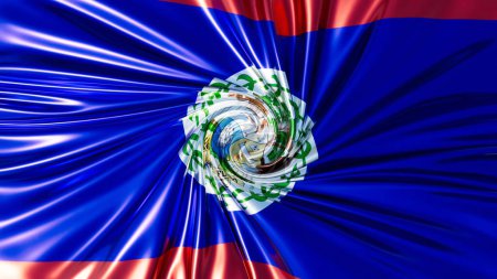Représentation numérique du drapeau du Belize avec une rotation moderne, mettant en valeur un vortex central dans des tons bleu vif et rouge