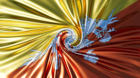 Artistic whirl of Bhutan national flag, featuring the mythical Druk dragon in an energized, reflective metallic surface swirl