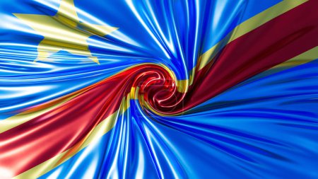 A striking rendition of the Democratic Republic of Congo flag, captured in a dynamic swirl, accentuating the vivid colors and emblematic star in a mesmerizing abstract art form