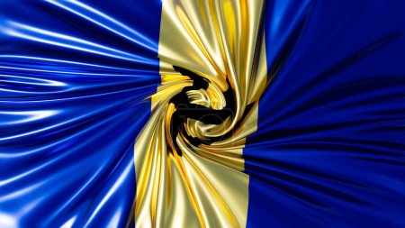 A digitally enhanced Barbados flag in a captivating spiral pattern featuring deep blue and rich golden colors