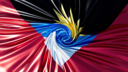 Die Flagge von Antigua und Barbuda in einem fesselnden Wirbel, der sein Sonnenemblem und seine kräftigen Farben zur Geltung bringt