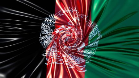 A digital rendition of Afghanistan's flag swirling around the central Islamic emblem in red, green, and black