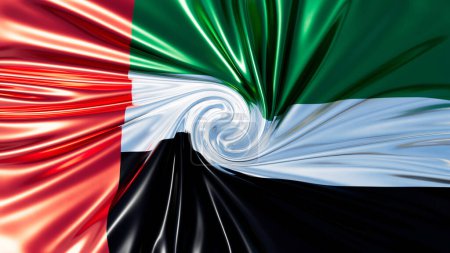 Eine dynamische Spirale erfasst die Flagge der Vereinigten Arabischen Emirate, die rote, grüne, weiße und schwarze Farbtöne aufweist